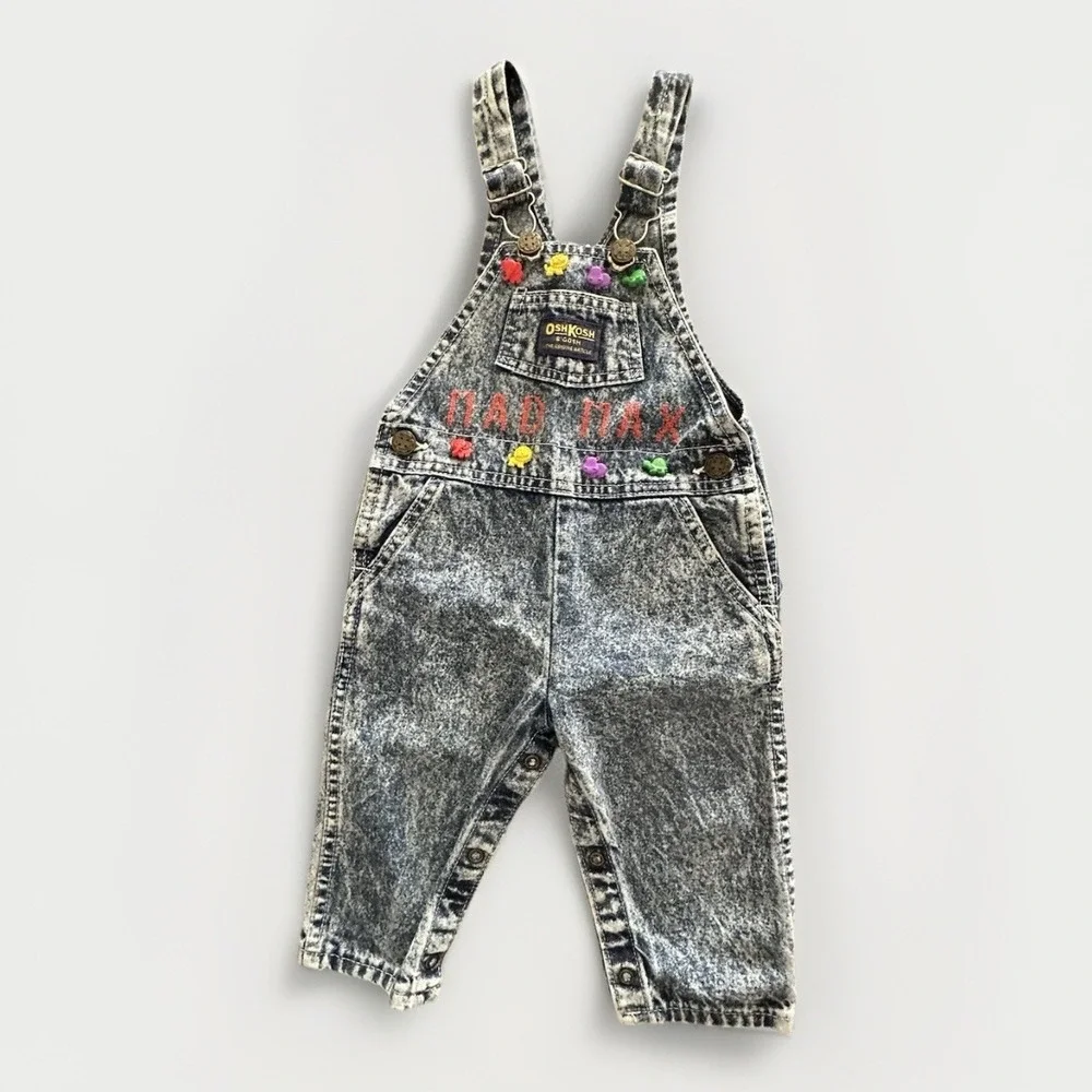 Vintage OshKosh B'gosh Acid Wash Shortalls 18 Month Mad Max‎ Studded Denim Retro